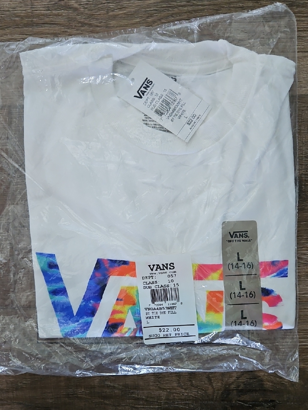 NWT Youth L Vans White Tee with Multicolor Tie-Dye Logo